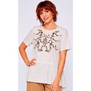 New BluHeaven M 8 10 Gray Striped Floral Embroidery Rayon Boho Tunic Top